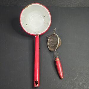 Vtg Wooden Red Handled Strainer 8" and Red White Enamelware Dipper 12"